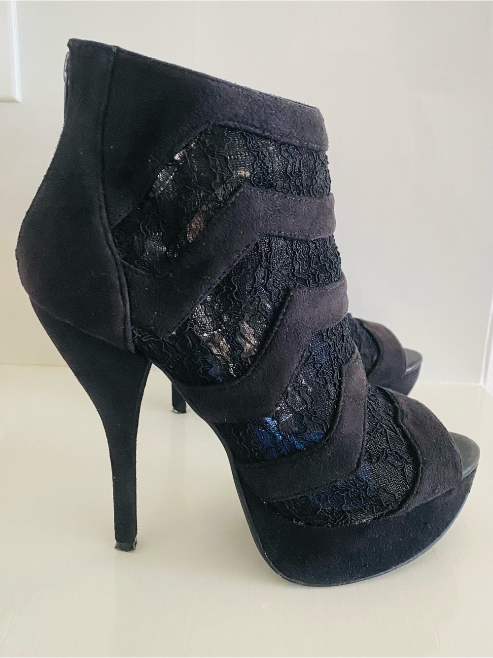 Black Lace Suede Peep-Toe Stiletto Booties - Women's Heels